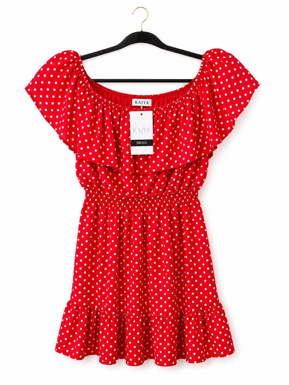 Red Polka Dot Ruffle Dress off sleeve